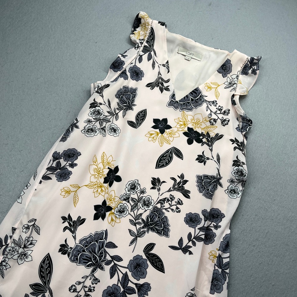 LOFT Floral Flutter Sleeve V-Neck Shift Dress Pink Black Size S Boho Summer